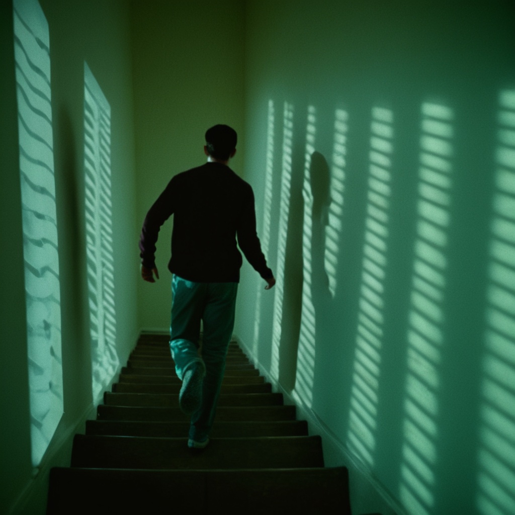cinematic film still of A cucoloris patterned illumination casting a vertical window shadow on a person running down a set...
