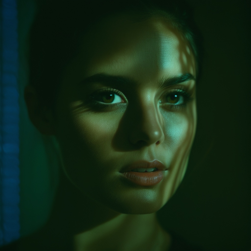 cinematic film still of A cucoloris patterned illumination casting a horizontal rectangle strip shadow on a woman with a h...