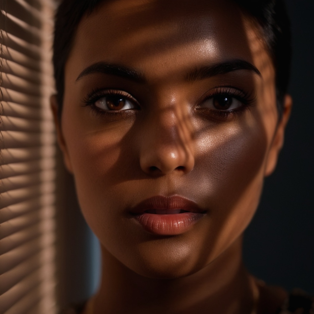 cinematic film still of A cucoloris patterned illumination casting a unique custom shape diagonal shadow on a woman with a...