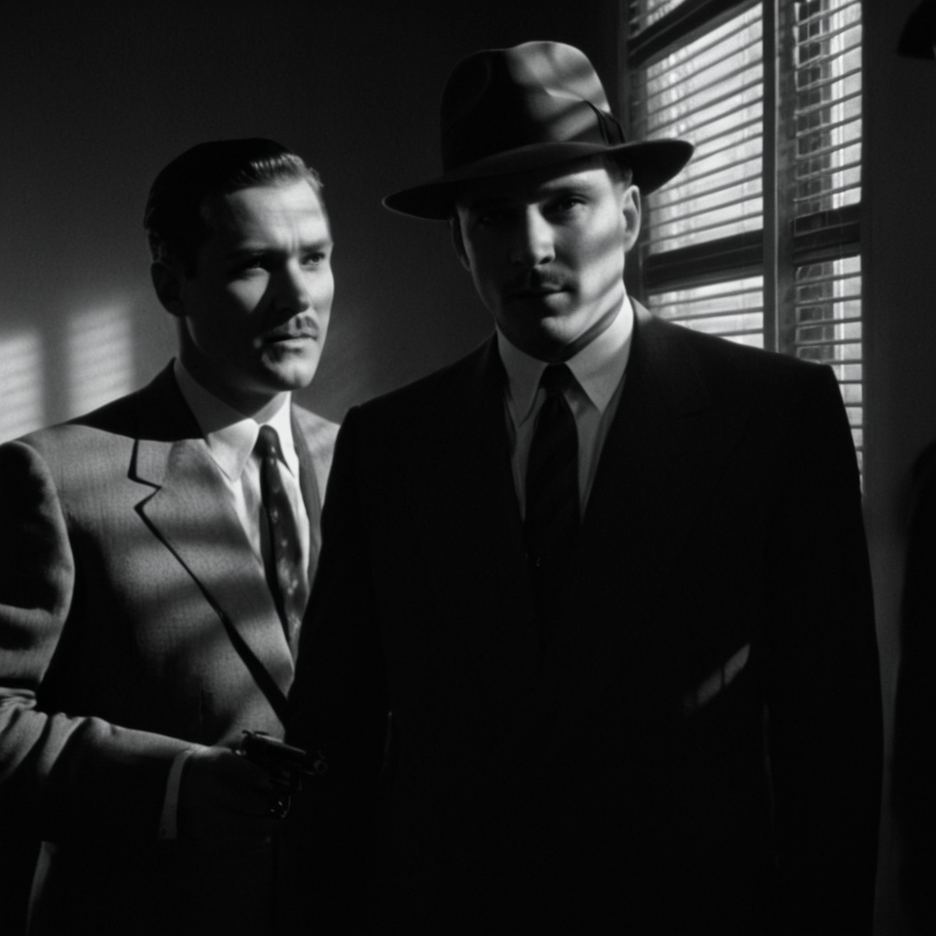 Film noir style,  A cucoloris patterned illumination casting a window diagonal shadow on two men in suits and hats are tal...