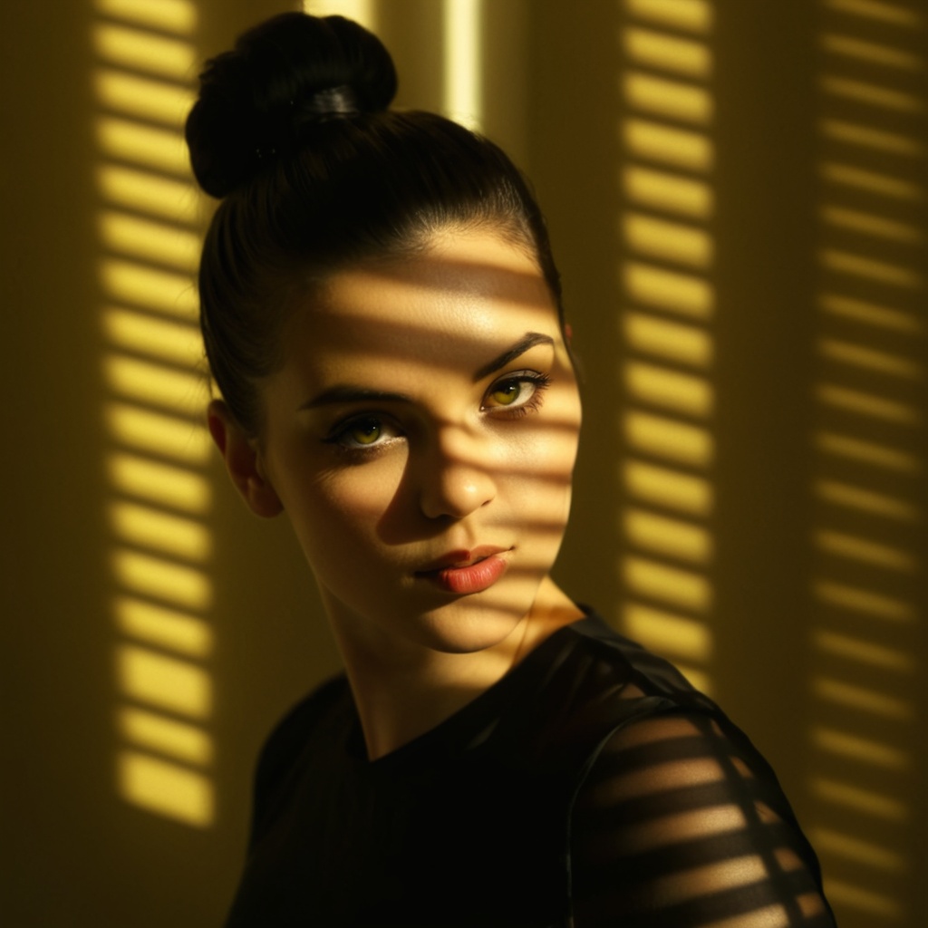 cinematic film still of A cucoloris patterned illumination casting a large diagonal bar shadow on a modeling woman with a...