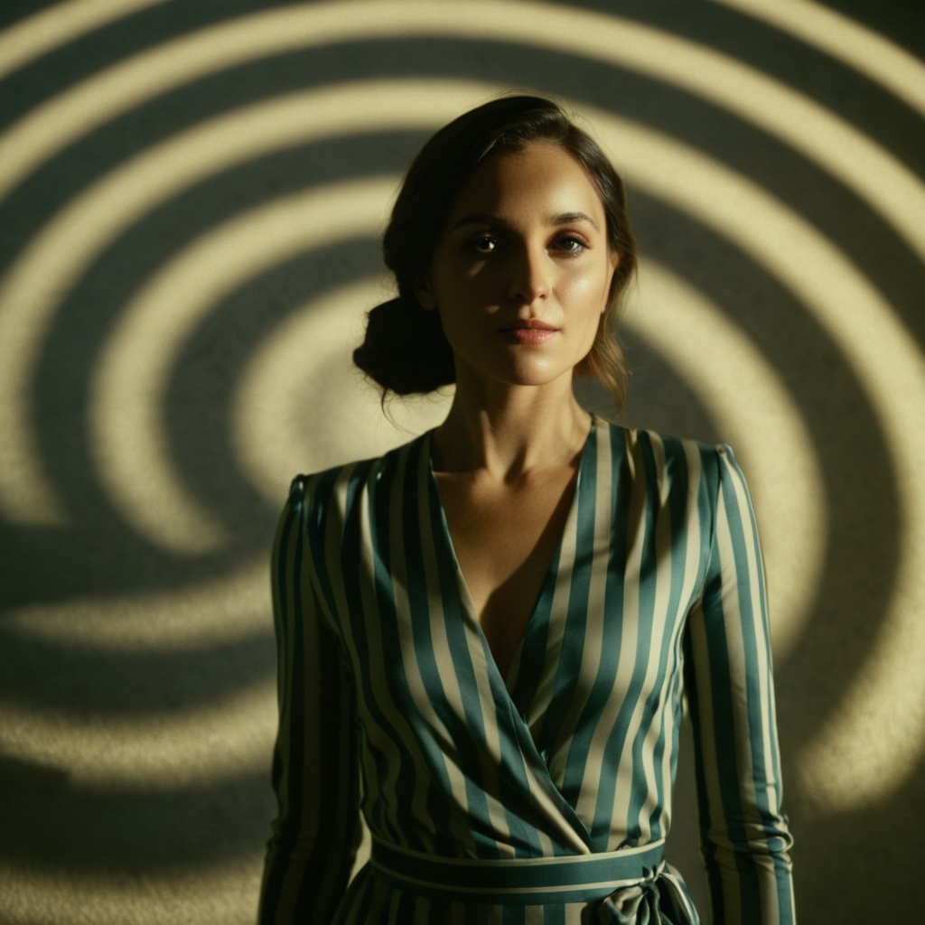 cinematic film still of A cucoloris patterned illumination casting a circular shaped shadow on a woman in a striped outfit...