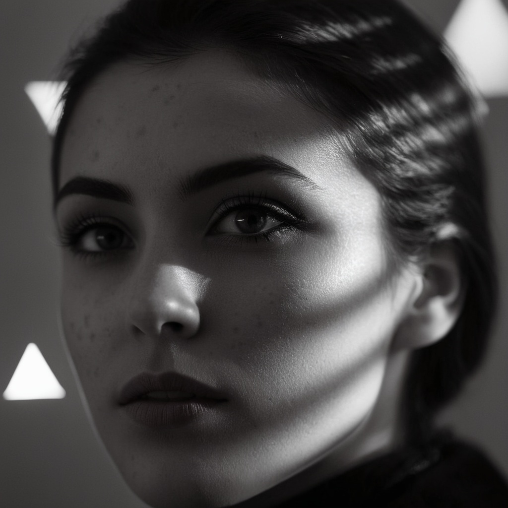cinematic film still of A cucoloris patterned illumination casting a a unique custom small triangle shape shadow on a mode...