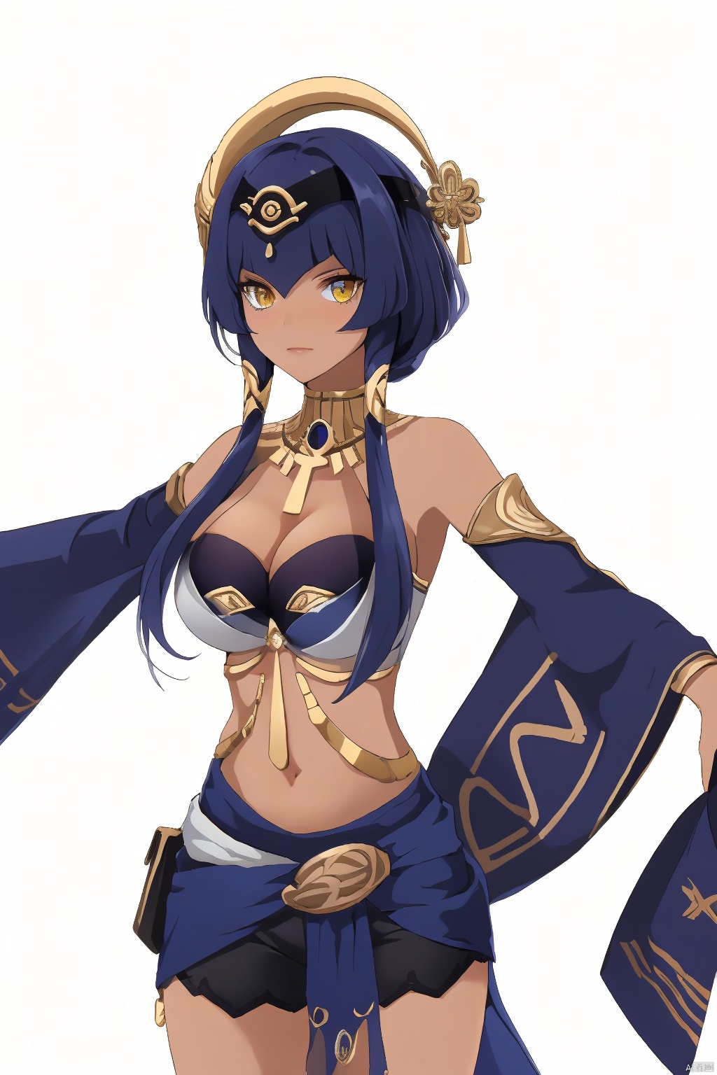 candace, 1girl, breasts, solo, eye of horus, yellow eyes, navel, heterochromia, blue eyes, dark skin, stomach, cleavage, blue hair, large breasts, dark-skinned female, looking at viewer, bangs, neck ring, white background, hair ornament, twitter username, detached sleeves, closed mouth, crop top, bare shoulders, jewelry, simple background, egyptian clothes, gold trim, cowboy shot, thighs, shorts, hairband, sidelocks, long hair, short hair with long locks