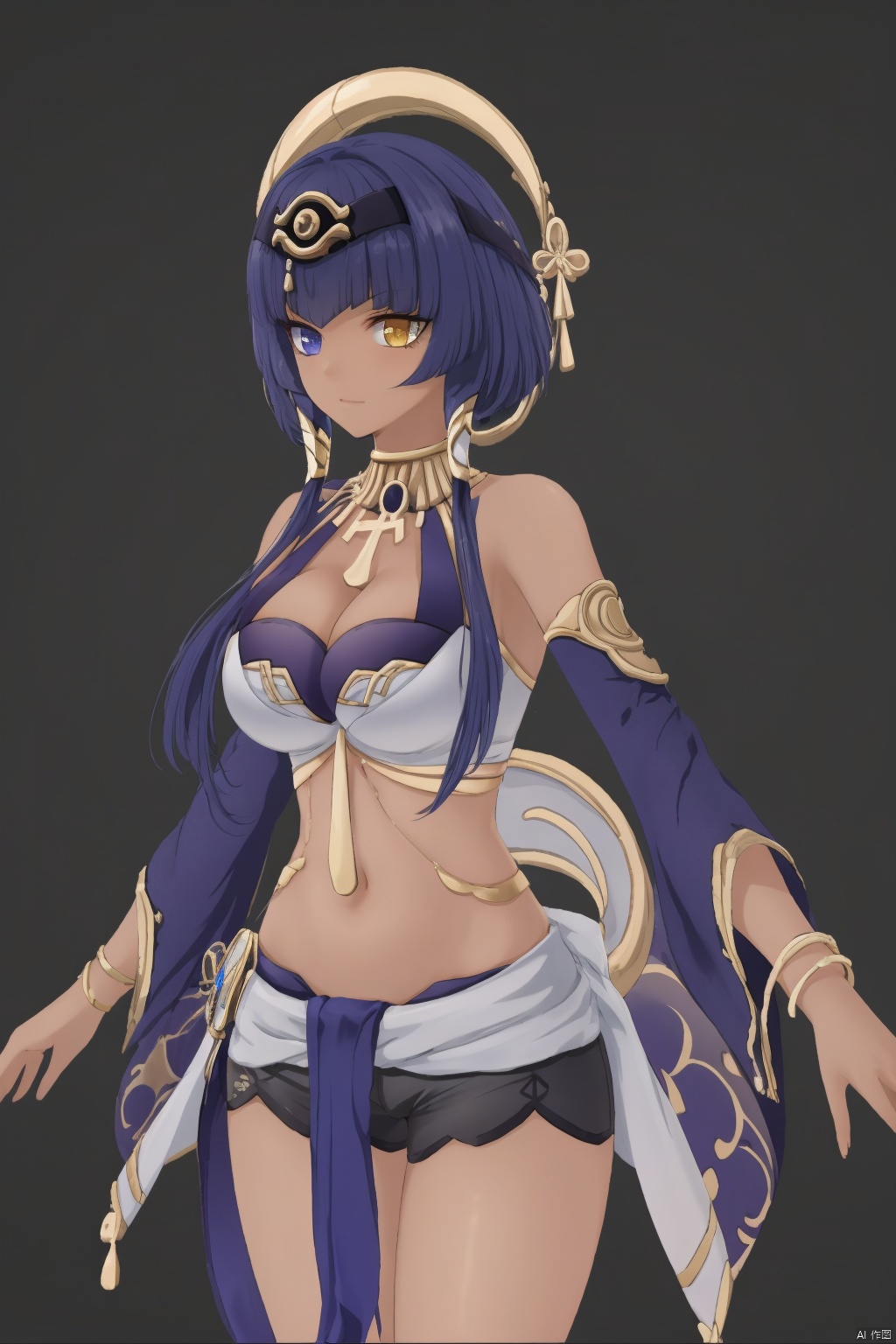 candace, 1girl, breasts, solo, eye of horus, yellow eyes, navel, heterochromia, blue eyes, dark skin, stomach, cleavage, blue hair, large breasts, dark-skinned female, looking at viewer, bangs, neck ring, white background, hair ornament, twitter username, detached sleeves, closed mouth, crop top, bare shoulders, jewelry, simple background, egyptian clothes, gold trim, cowboy shot, thighs, shorts, hairband, sidelocks, long hair, short hair with long locks