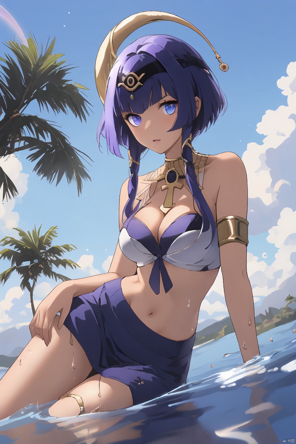 candace, 1girl, solo, eye of horus, heterochromia, breasts, neck ring, blue eyes, outdoors, navel, yellow eyes, sky, dark skin, jewelry, looking at viewer, tree, bare shoulders, day, thighs, dark-skinned female, water, palm tree, blue sky, crop top, egyptian clothes, short hair with long locks, cleavage, stomach, parted lips, cloud, wet, sidelocks, bangs, shallow water, thighlet, arm support, blue hair, medium breasts, sitting, arm up, gold trim, armlet, skirt, halterneck, hairband, hair ornament, contrail, yokozuwari, detached sleeves, midriff, hair intakes, hand in own hair, purple hair