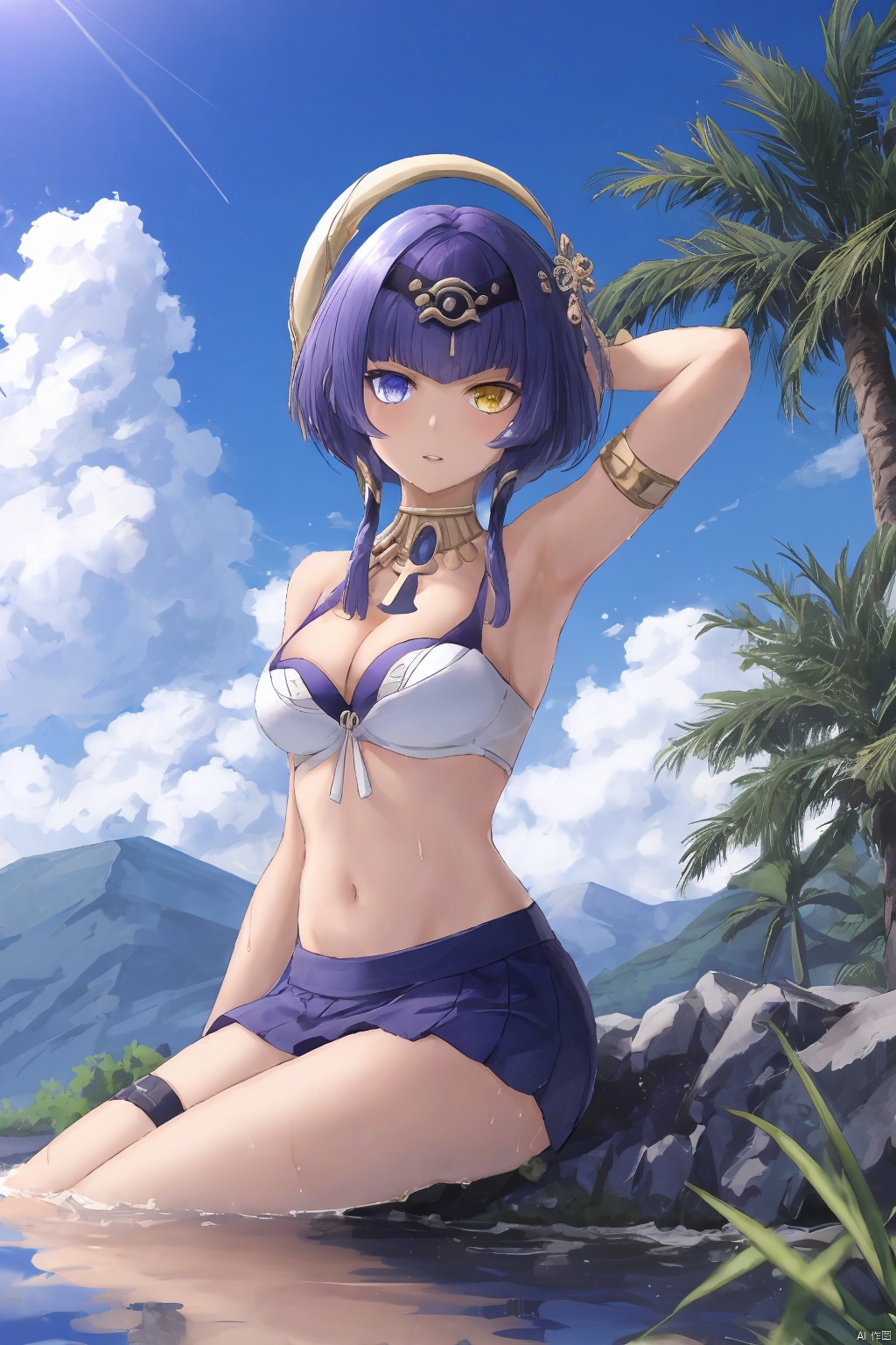 candace, 1girl, solo, eye of horus, heterochromia, breasts, neck ring, blue eyes, outdoors, navel, yellow eyes, sky, dark skin, jewelry, looking at viewer, tree, bare shoulders, day, thighs, dark-skinned female, water, palm tree, blue sky, crop top, egyptian clothes, short hair with long locks, cleavage, stomach, parted lips, cloud, wet, sidelocks, bangs, shallow water, thighlet, arm support, blue hair, medium breasts, sitting, arm up, gold trim, armlet, skirt, halterneck, hairband, hair ornament, contrail, yokozuwari, detached sleeves, midriff, hair intakes, hand in own hair, purple hair