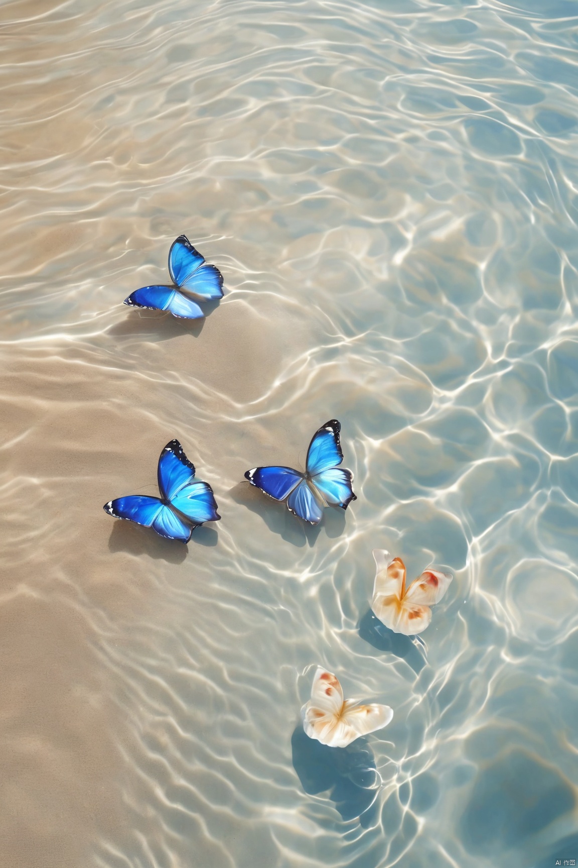  fantasy_butterfly,big coloful butterfly,water,water ripples,beach, Water_butterfly, Healing_Painting, pearl_shell, desert_sky, song_hanfu