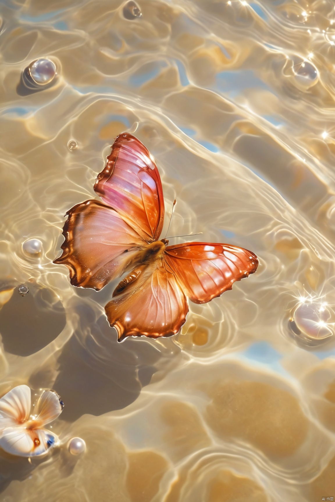  fantasy_butterfly,big coloful butterfly,water,water ripples,beach, Water_butterfly, Healing_Painting, pearl_shell, desert_sky, song_hanfu
