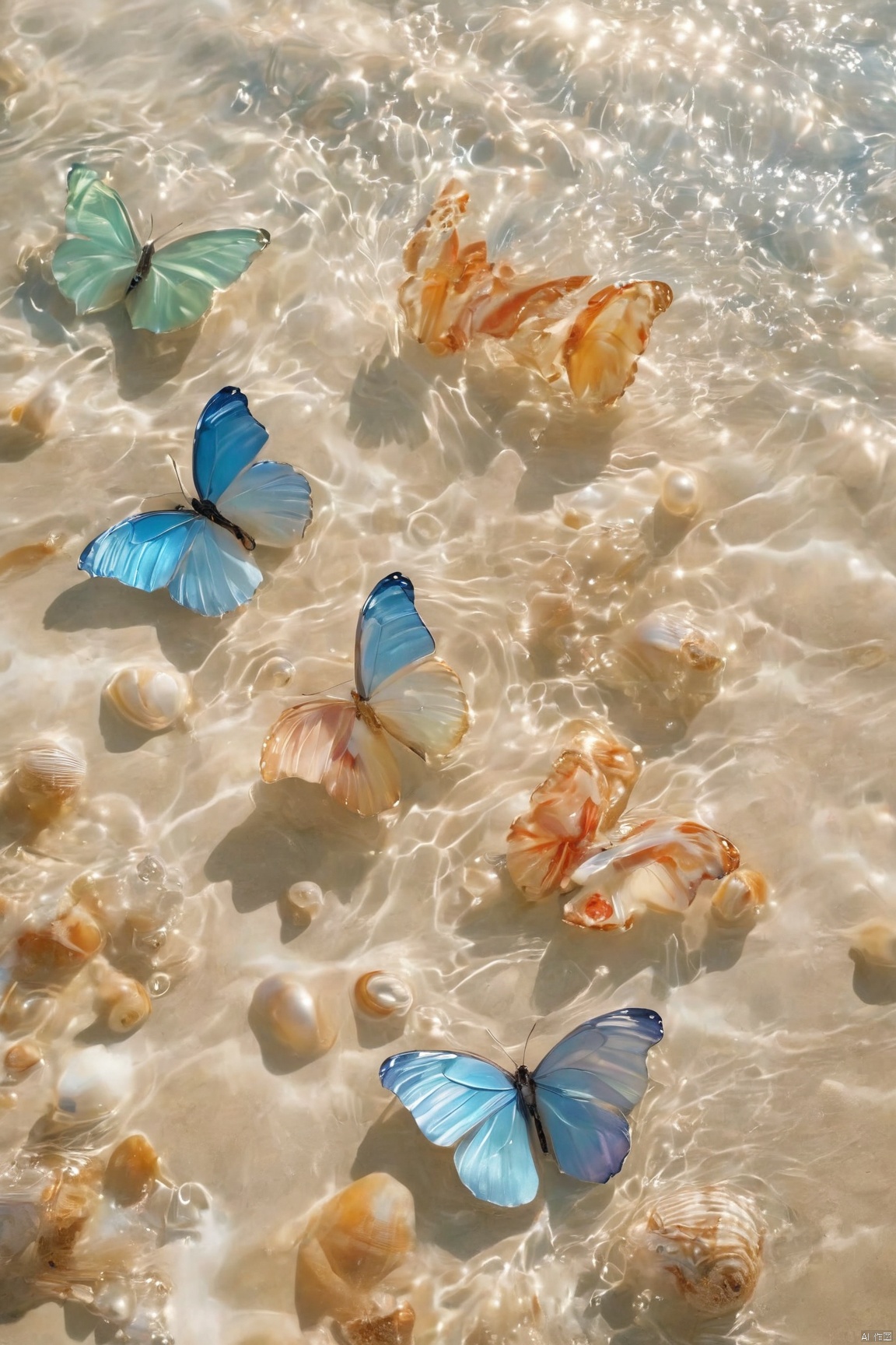  fantasy_butterfly,big coloful butterfly,water,water ripples,beach, Water_butterfly, Healing_Painting, pearl_shell, desert_sky, song_hanfu