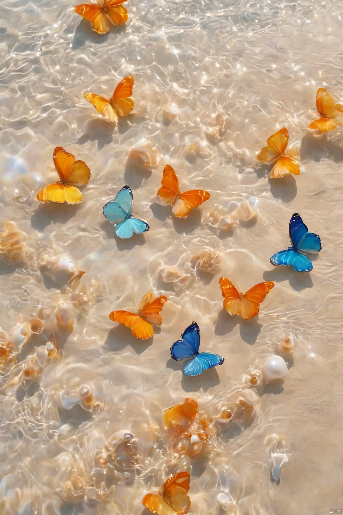  fantasy_butterfly,big coloful butterfly,water,water ripples,beach, Water_butterfly, Healing_Painting, pearl_shell, desert_sky, song_hanfu