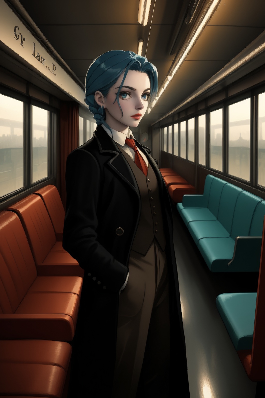JinxKaryln,  detective outfit,  inside a train on Tensor.Art