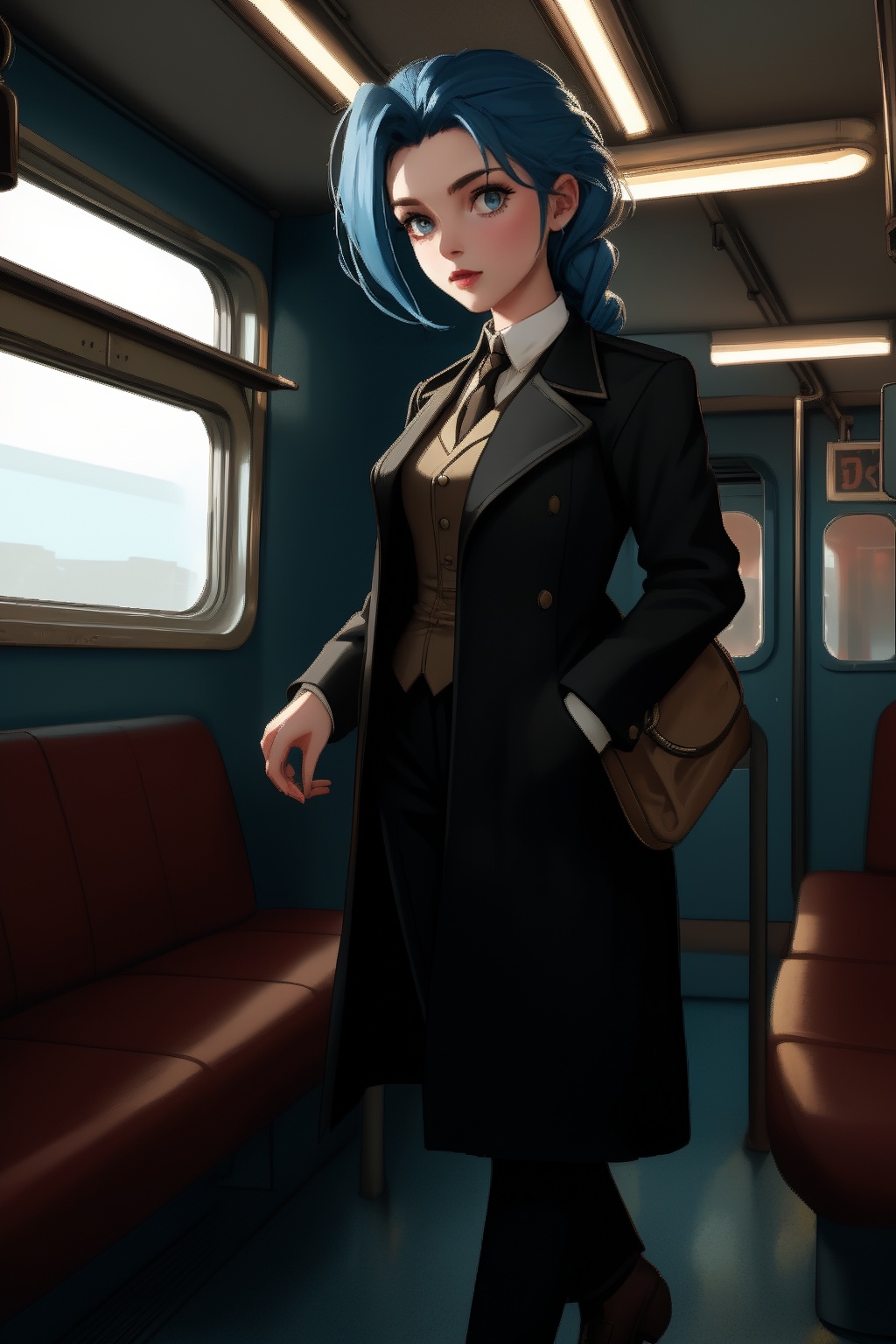 JinxKaryln,  detective outfit,  inside a train on Tensor.Art