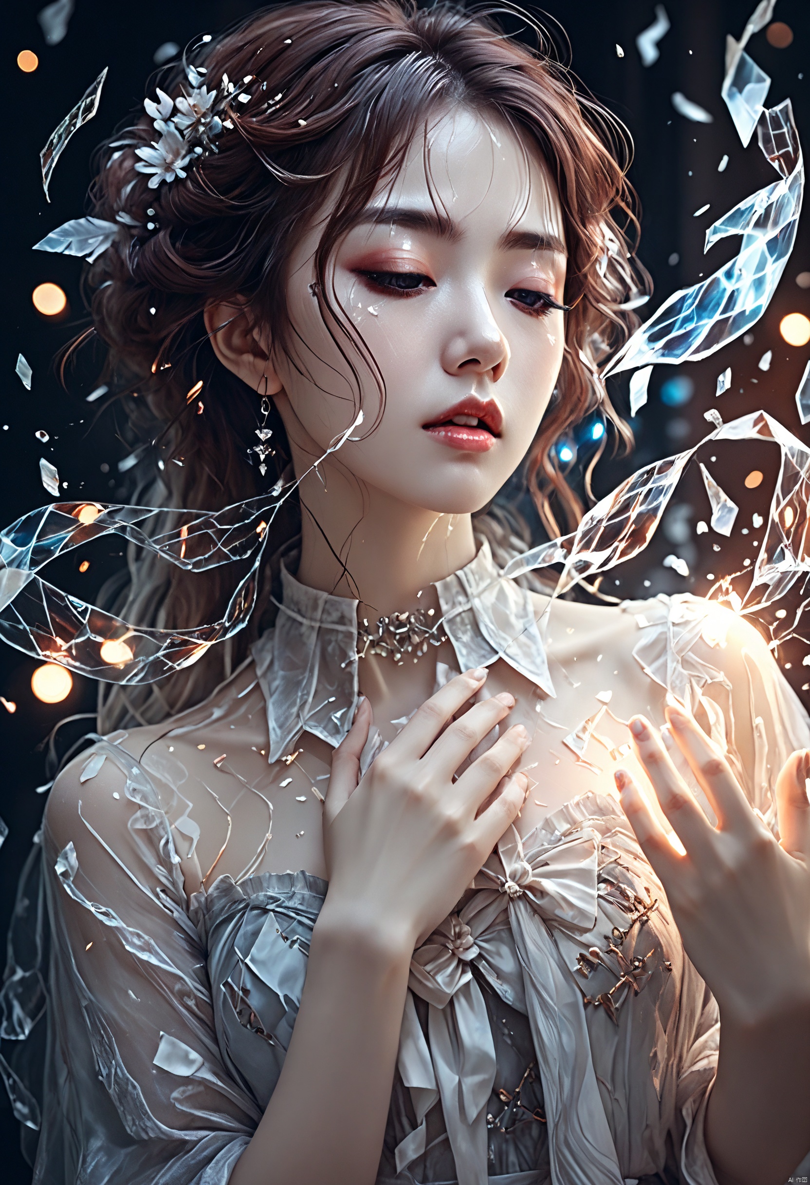  cinematic photo a ghost,(by Kawacy:1.1),(by ahegao:1.3),Embrace the fragmented beauty of a mosaic break free from the face,bleeding with hints of mechanical wonder,Explore the eloquence of shattered body parts in an evocative artistic expression,8k,atmospheric,ecstasy of translucent musical notes,streaming musical notes visible,aesthetic,creative,surreal,beautiful,inspired,artistic,elegant,stylish, .35mm photograph, film, bokeh, professional, 4k, highly detailed, glow, foxjk