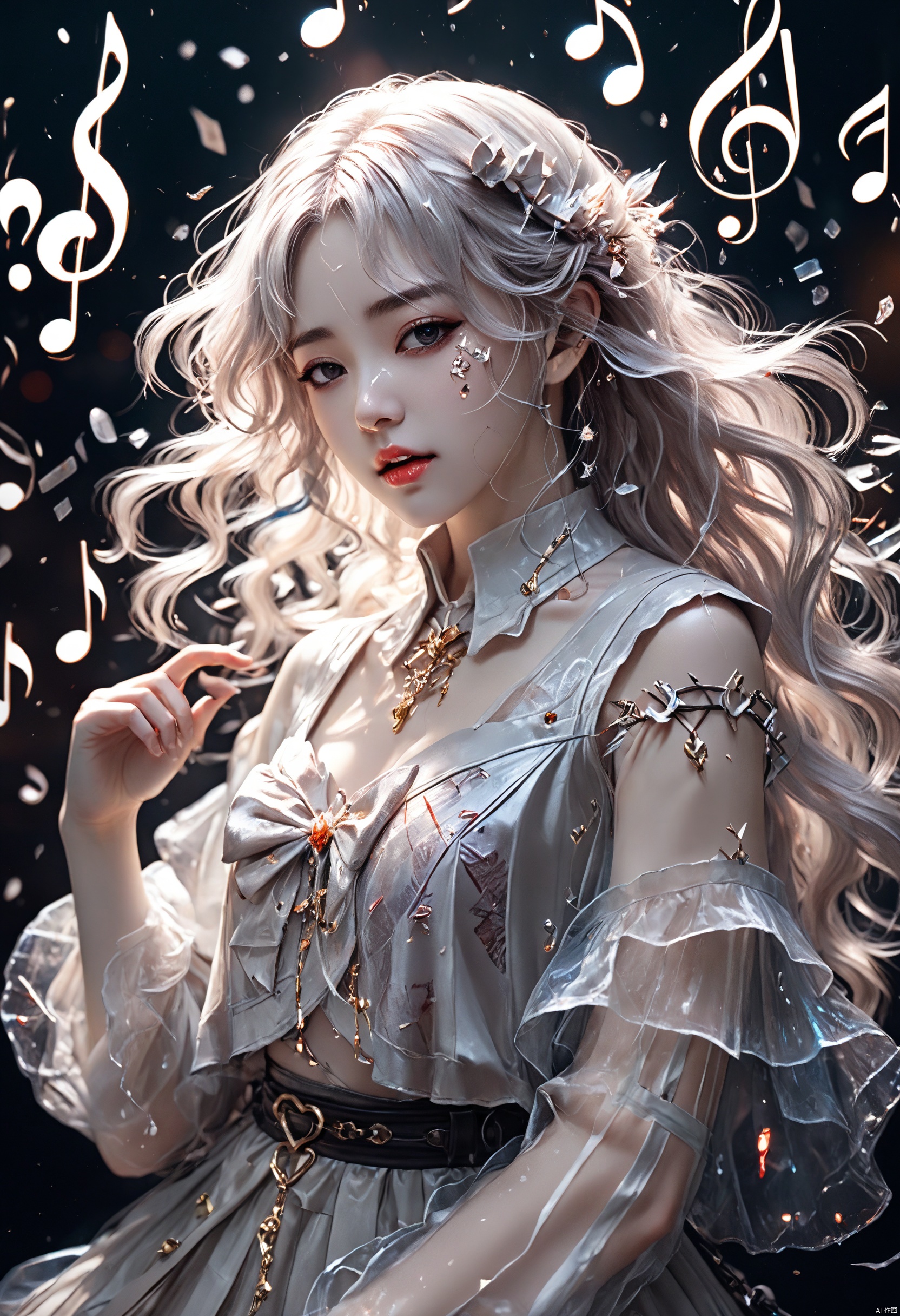  cinematic photo a ghost,(by Kawacy:1.1),(by ahegao:1.3),Embrace the fragmented beauty of a mosaic break free from the face,bleeding with hints of mechanical wonder,Explore the eloquence of shattered body parts in an evocative artistic expression,8k,atmospheric,ecstasy of translucent musical notes,streaming musical notes visible,aesthetic,creative,surreal,beautiful,inspired,artistic,elegant,stylish, .35mm photograph, film, bokeh, professional, 4k, highly detailed, glow, foxjk