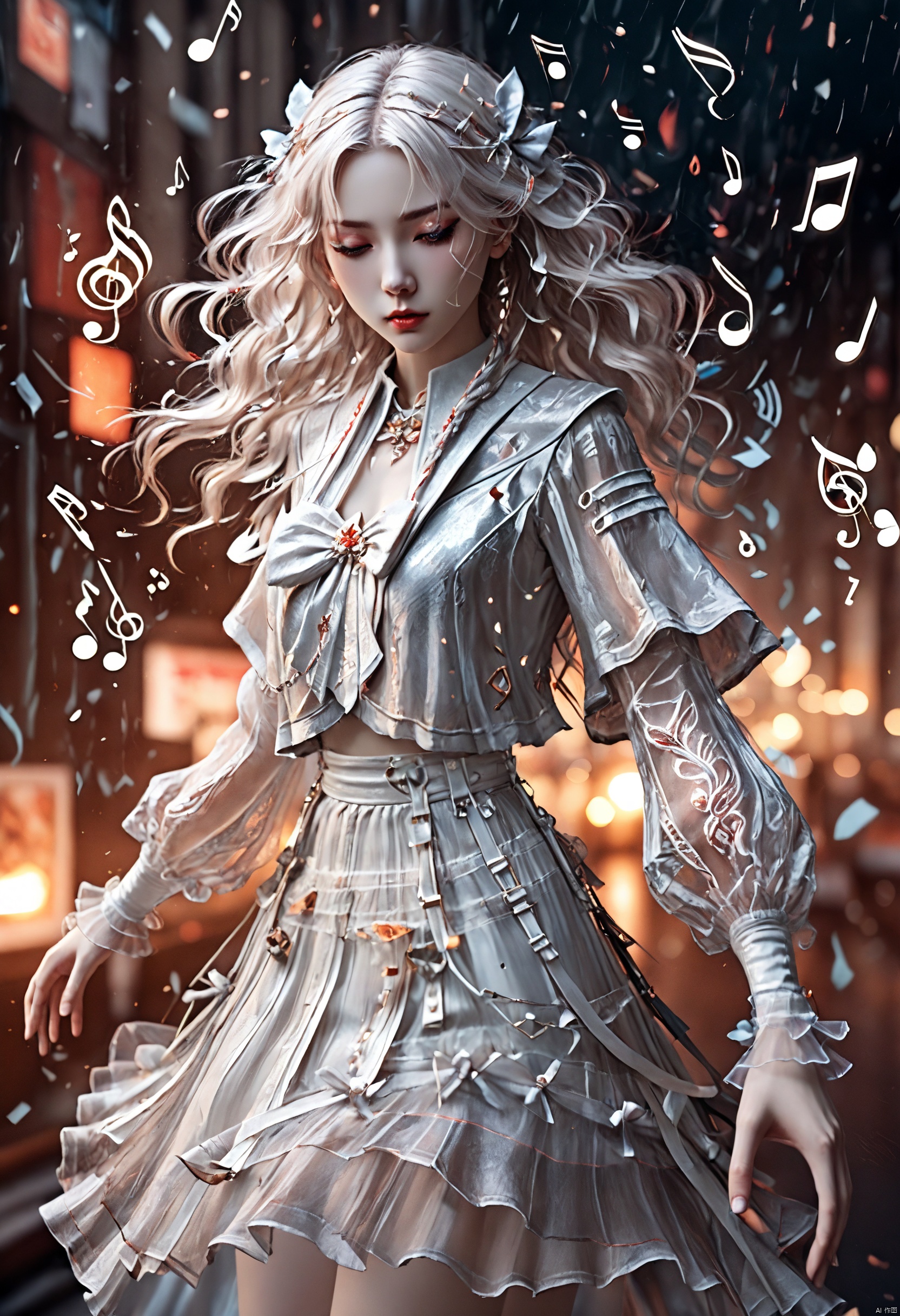  cinematic photo a ghost,(by Kawacy:1.1),(by ahegao:1.3),Embrace the fragmented beauty of a mosaic break free from the face,bleeding with hints of mechanical wonder,Explore the eloquence of shattered body parts in an evocative artistic expression,8k,atmospheric,ecstasy of translucent musical notes,streaming musical notes visible,aesthetic,creative,surreal,beautiful,inspired,artistic,elegant,stylish, .35mm photograph, film, bokeh, professional, 4k, highly detailed, glow, foxjk