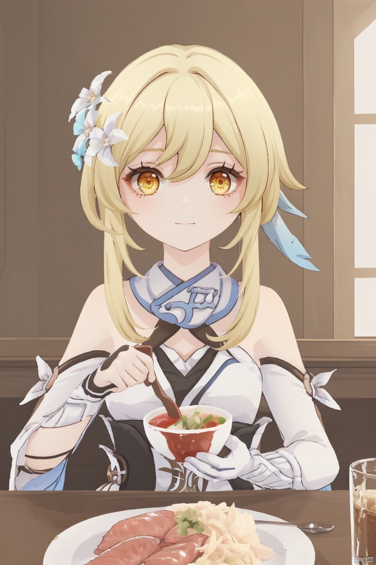 lumine, 1girl, lumine \(genshin impact\), blonde hair, hair ornament, flower, food, hair flower, solo, dress, holding, yellow eyes, white dress, bare shoulders, detached sleeves, bangs, cup, short hair with long locks, fish, breasts, hair between eyes, meat, eating, sidelocks, plate, gloves, white flower