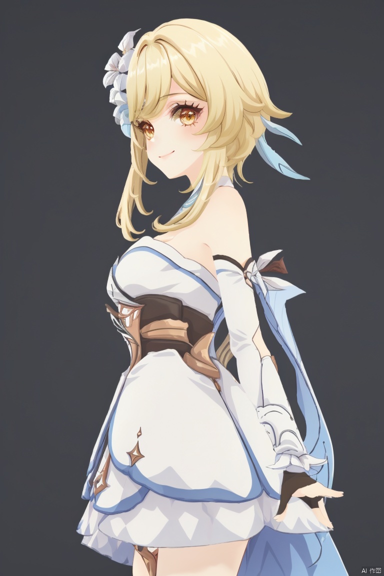 lumine, 1girl, lumine \(genshin impact\), hair flower, hair ornament, flower, blonde hair, solo, dress, yellow eyes, white dress, smile, looking at viewer, arms behind back, breasts, bangs, short hair with long locks, detached sleeves, bare shoulders, simple background, sidelocks, gloves, white flower, white background
