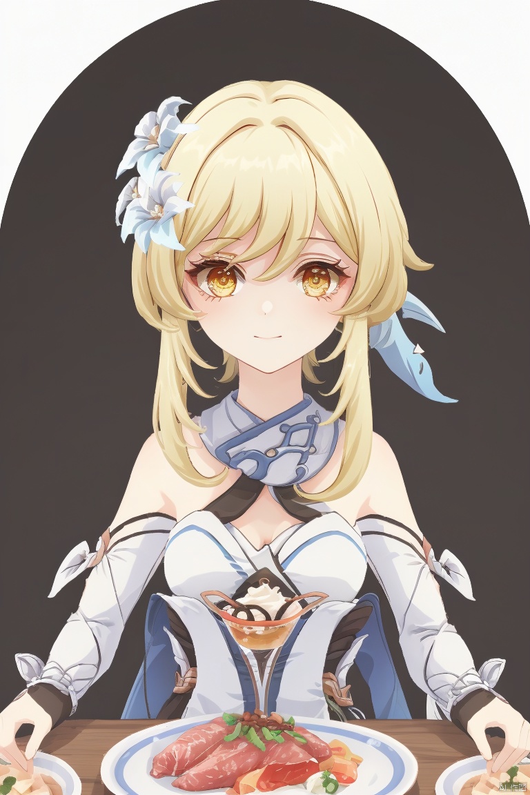 lumine, 1girl, lumine \(genshin impact\), blonde hair, hair ornament, flower, food, hair flower, solo, dress, holding, yellow eyes, white dress, bare shoulders, detached sleeves, bangs, cup, short hair with long locks, fish, breasts, hair between eyes, meat, eating, sidelocks, plate, gloves, white flower