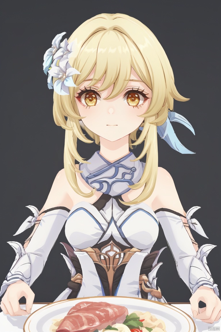 lumine, 1girl, lumine \(genshin impact\), blonde hair, hair ornament, flower, food, hair flower, solo, dress, holding, yellow eyes, white dress, bare shoulders, detached sleeves, bangs, cup, short hair with long locks, fish, breasts, hair between eyes, meat, eating, sidelocks, plate, gloves, white flower