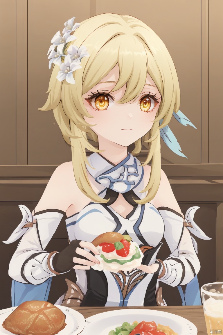 lumine, 1girl, lumine \(genshin impact\), blonde hair, hair ornament, flower, food, hair flower, solo, dress, holding, yellow eyes, white dress, bare shoulders, detached sleeves, bangs, cup, short hair with long locks, fish, breasts, hair between eyes, meat, eating, sidelocks, plate, gloves, white flower