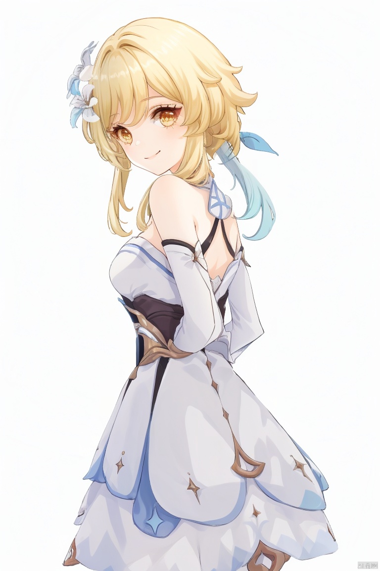 lumine, 1girl, lumine \(genshin impact\), hair flower, hair ornament, flower, blonde hair, solo, dress, yellow eyes, white dress, smile, looking at viewer, arms behind back, breasts, bangs, short hair with long locks, detached sleeves, bare shoulders, simple background, sidelocks, gloves, white flower, white background
