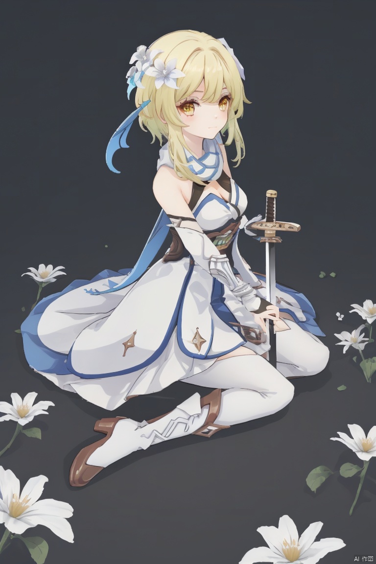 lumine, 1girl, lumine \(genshin impact\), weapon, sword, blonde hair, solo, breasts, flower, hair flower, hair ornament, yellow eyes, holding weapon, dress, holding, holding sword, thighhighs, white dress, cleavage, looking at viewer, sitting, short hair with long locks, high heels, boots, white flower, bangs, medium breasts, thigh boots, yokozuwari, detached sleeves, bare shoulders, left-handed, white scarf, scarf, gloves, white footwear, vambraces, closed mouth, high heel boots, short hair