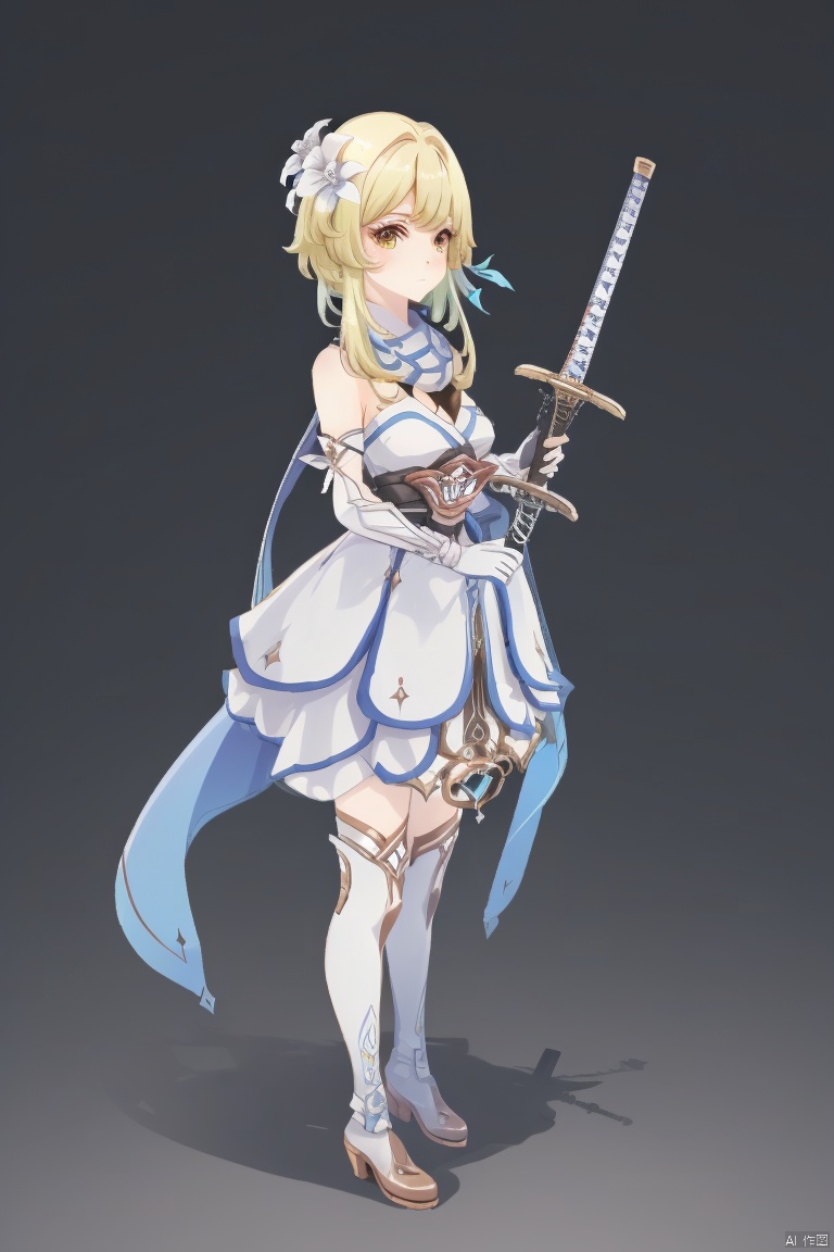 lumine, 1girl, lumine \(genshin impact\), weapon, sword, blonde hair, solo, breasts, flower, hair flower, hair ornament, yellow eyes, holding weapon, dress, holding, holding sword, thighhighs, white dress, cleavage, looking at viewer, sitting, short hair with long locks, high heels, boots, white flower, bangs, medium breasts, thigh boots, yokozuwari, detached sleeves, bare shoulders, left-handed, white scarf, scarf, gloves, white footwear, vambraces, closed mouth, high heel boots, short hair
