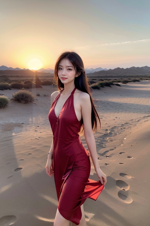 Desert Solitude by Canon 7DS: Imagine a woman in a flowing ((((red))) dress,  running on top a sand dune overlooking a vas...