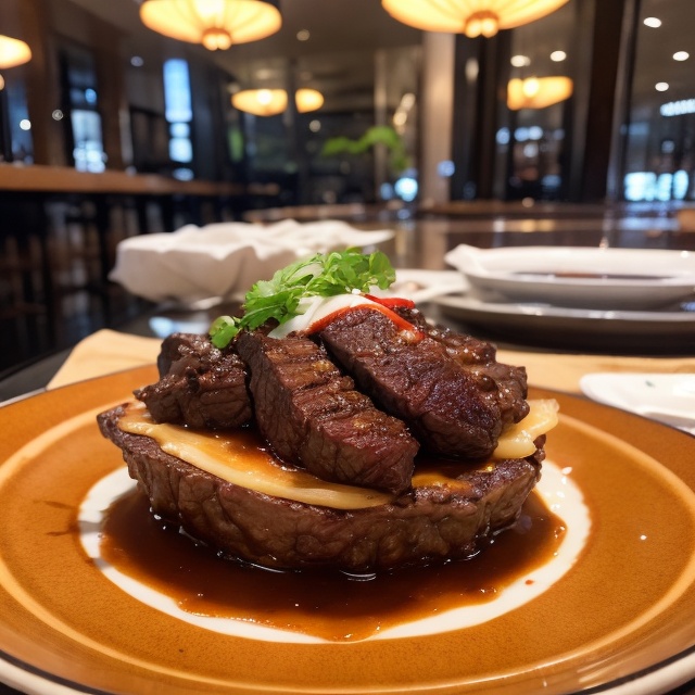 Surreal wide view focus shot advertising of a beef piece elegant dish in michellin star restaurant,  simple background,  p...