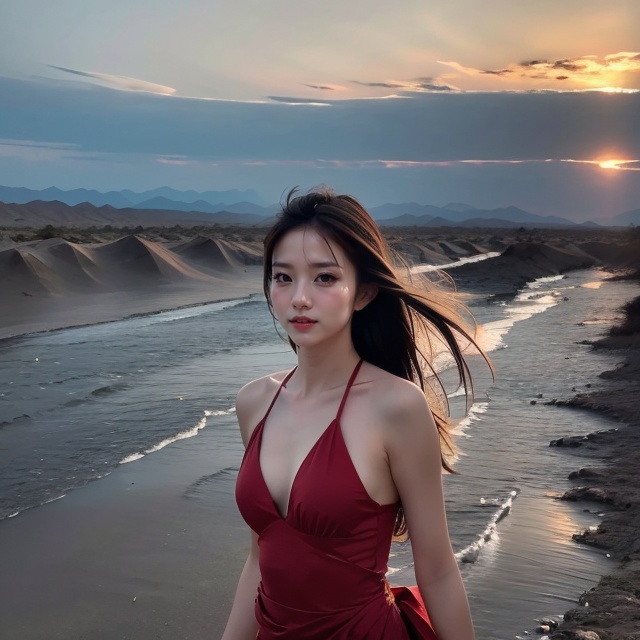 Desert Solitude by Canon 7DS: Imagine a woman in a flowing ((((red))) dress,  running on top a sand dune overlooking a vas...