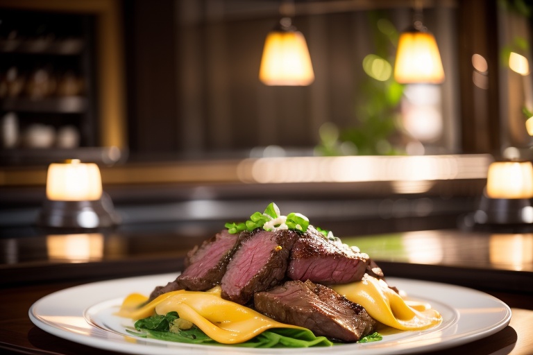 Surreal wide view focus shot advertising a beef elegant dish in michellin star restaurant,  simple background,  perfect li...