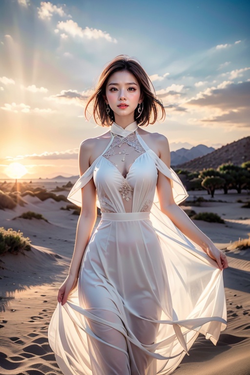 Desert Solitude by Canon 7DS: Imagine a woman in a flowing red dress,  standing atop a sand dune overlooking a vast desert...