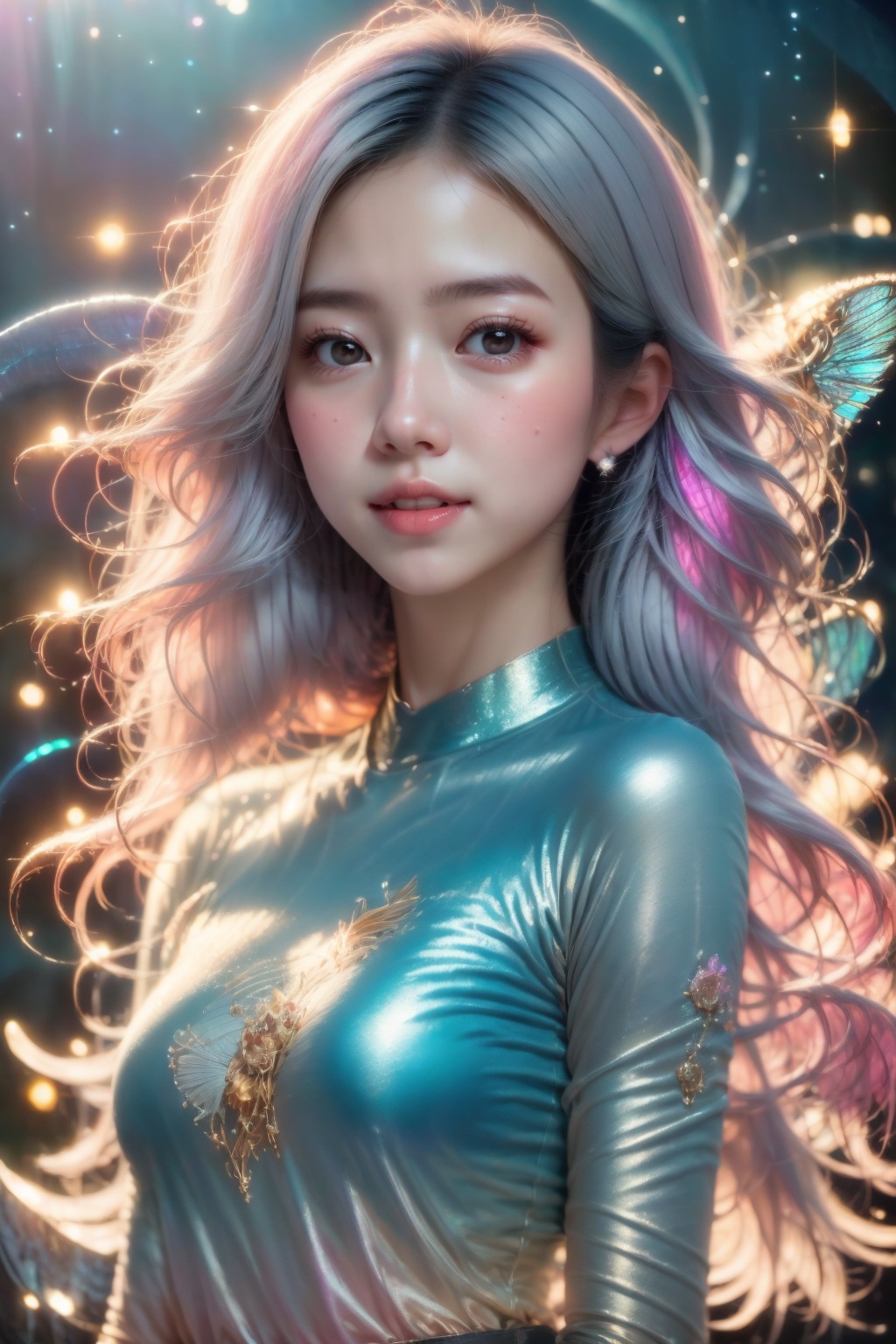 shimmering silver hair,  piercing sapphire eyes,  gentle smile on Tensor.Art