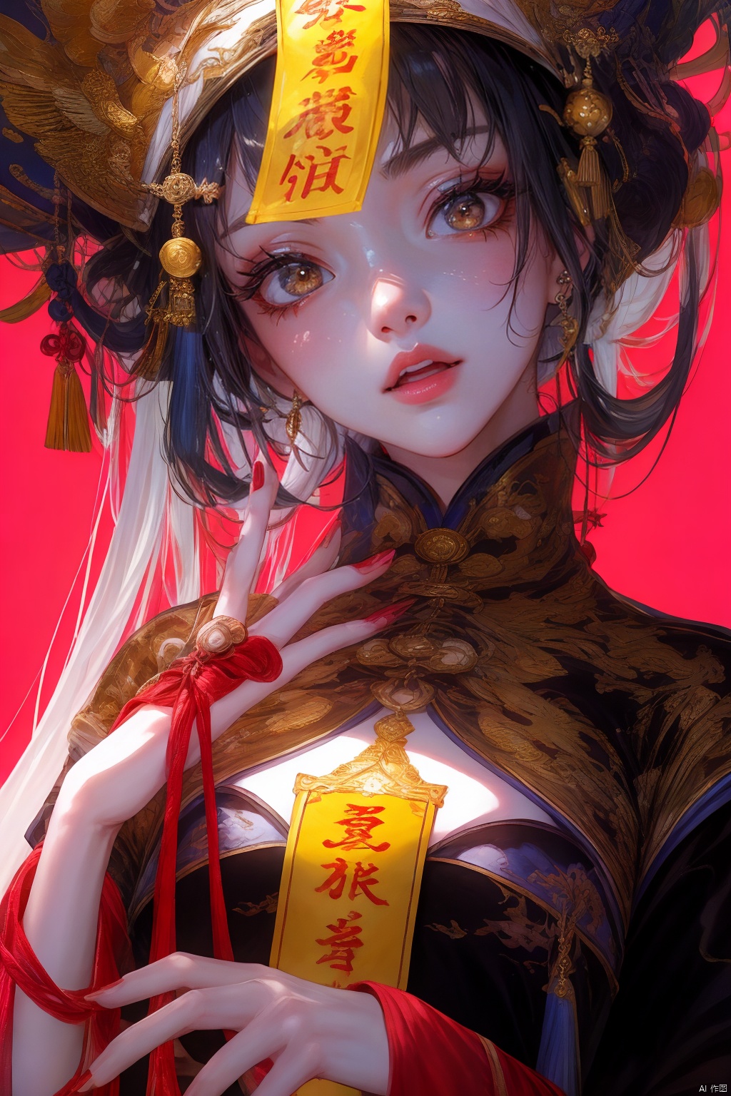  1girl, solo, long hair, looking at viewer, smile, open mouth, bangs, black hair, dress, jewelry, sitting, yellow eyes, white hair, multicolored hair, earrings, teeth, tongue, hair bun, nail polish, two-tone hair, fingernails, double bun, makeup, fangs, chinese clothes, red nails, hair rings, ofuda, stitches, jiangshi
