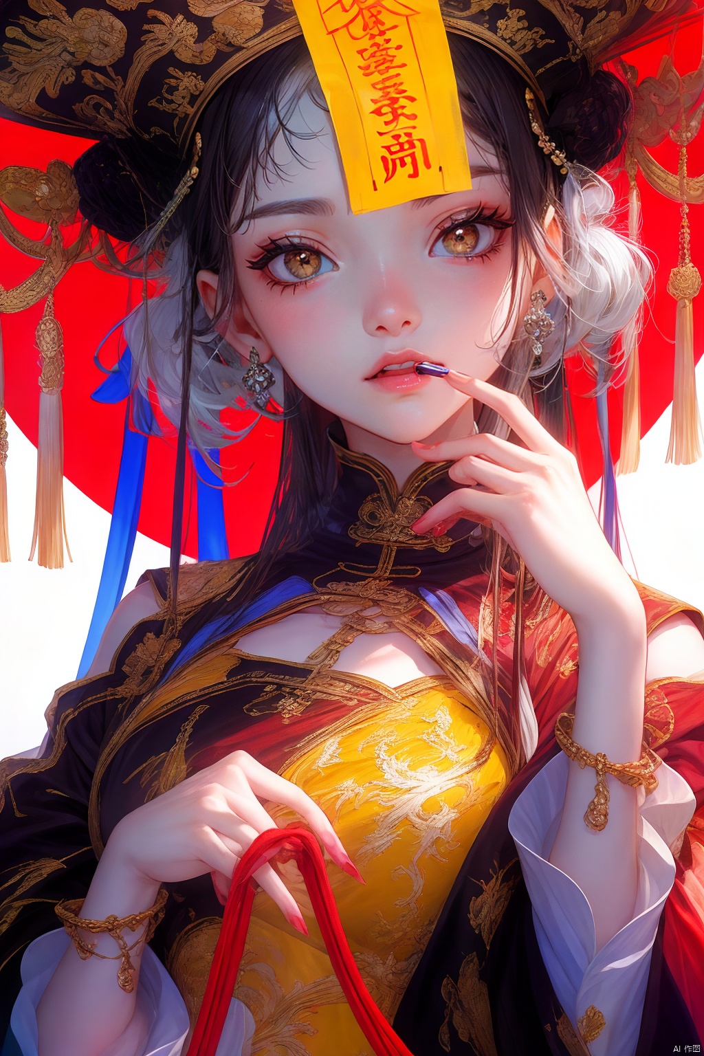  1girl, solo, long hair, looking at viewer, smile, open mouth, bangs, black hair, dress, jewelry, sitting, yellow eyes, white hair, multicolored hair, earrings, teeth, tongue, hair bun, nail polish, two-tone hair, fingernails, double bun, makeup, fangs, chinese clothes, red nails, hair rings, ofuda, stitches, jiangshi