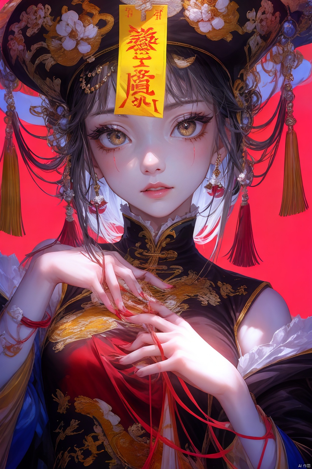  1girl, solo, long hair, looking at viewer, smile, open mouth, bangs, black hair, dress, jewelry, sitting, yellow eyes, white hair, multicolored hair, earrings, teeth, tongue, hair bun, nail polish, two-tone hair, fingernails, double bun, makeup, fangs, chinese clothes, red nails, hair rings, ofuda, stitches, jiangshi