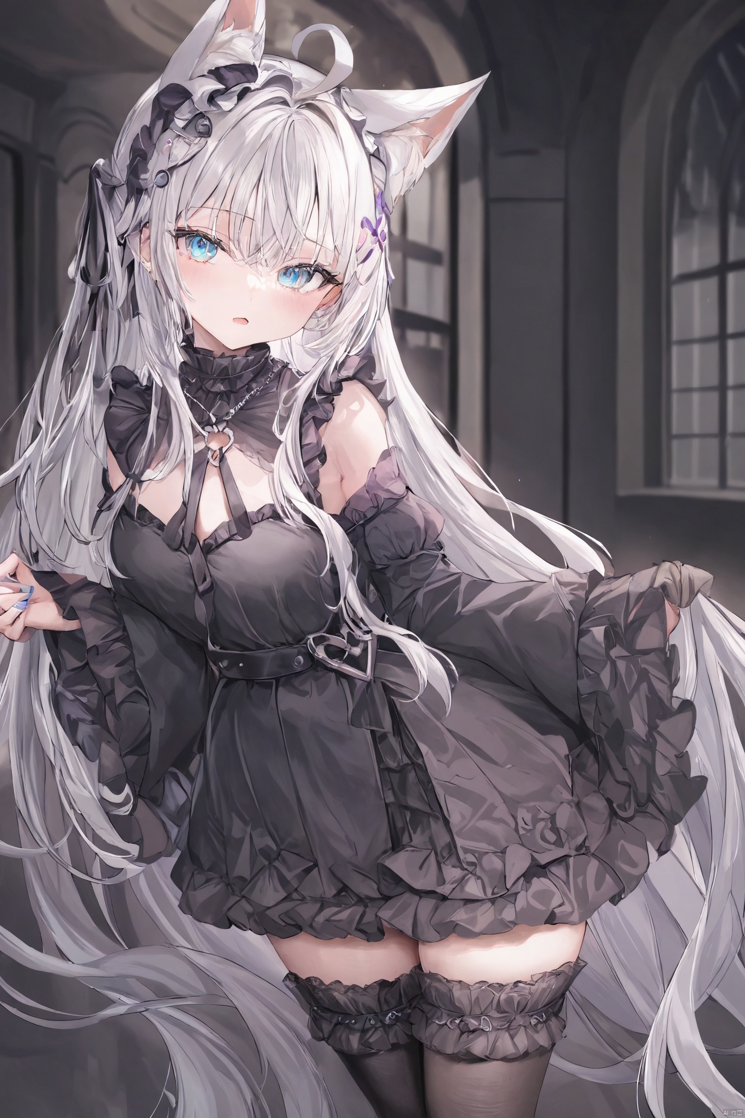 absurdly_long_hair, fox_ears, gothic_lolita, masterpiece, best quality, newest, absurdres, frilled thighhighs, looking_at_viewer, cowboy_shot