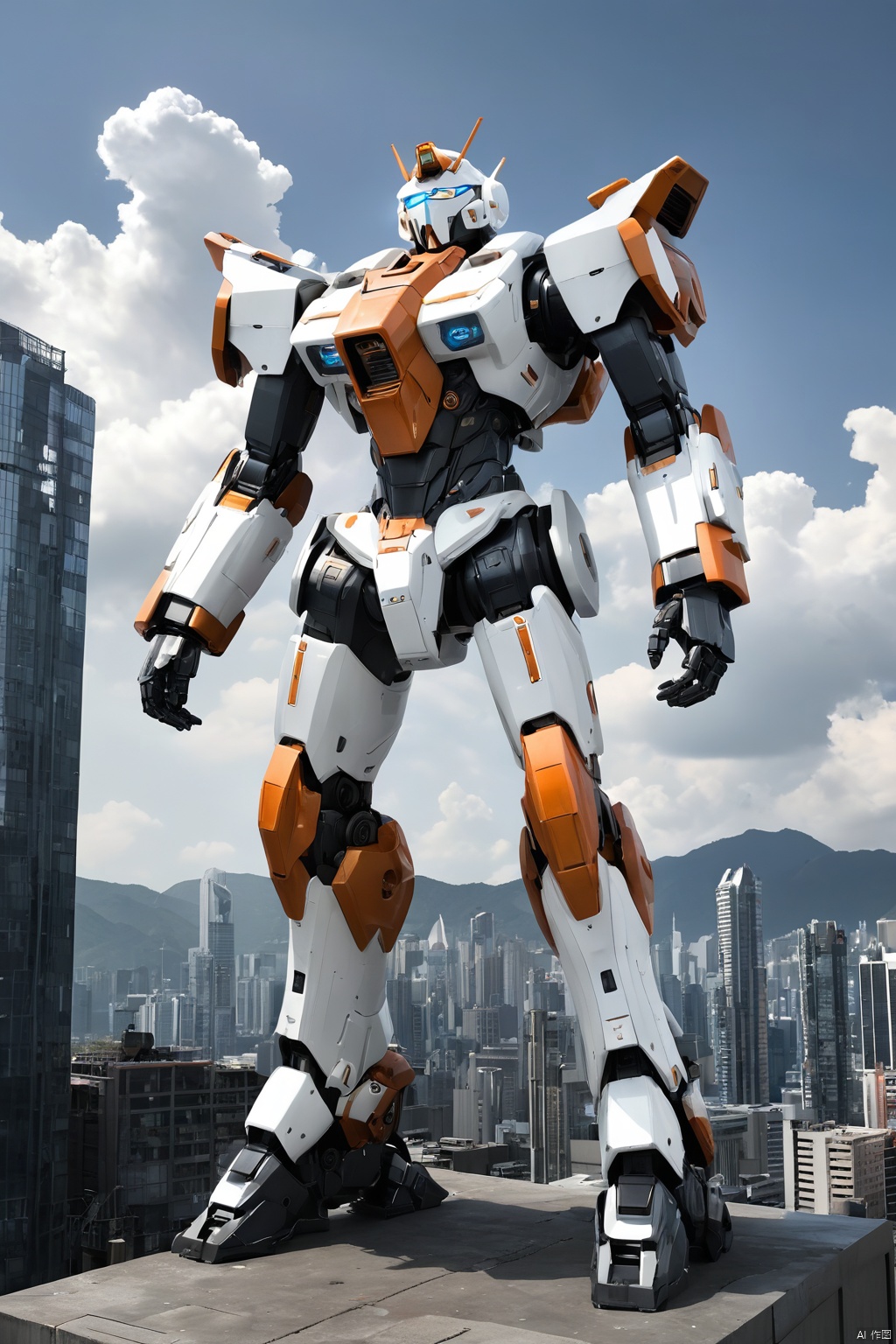  (masterpiece, best quality:1.2), Giant mecha, Vital Suits , building, city, city lights, cityscape, cloud, cloudy sky, destruction, evening, glowing, Luminous mecha, Complex mecha structure, White, orange, and black mecha, Strong mecha body, Multi light source mecha, Giant mecha firearms, full body, Super complex mechanical structure, holding gun, mecha, mountain, no humans, outdoors, power armor, realistic, ruins, science fiction, sky, skyline, skyscraper, smoke, weapon,