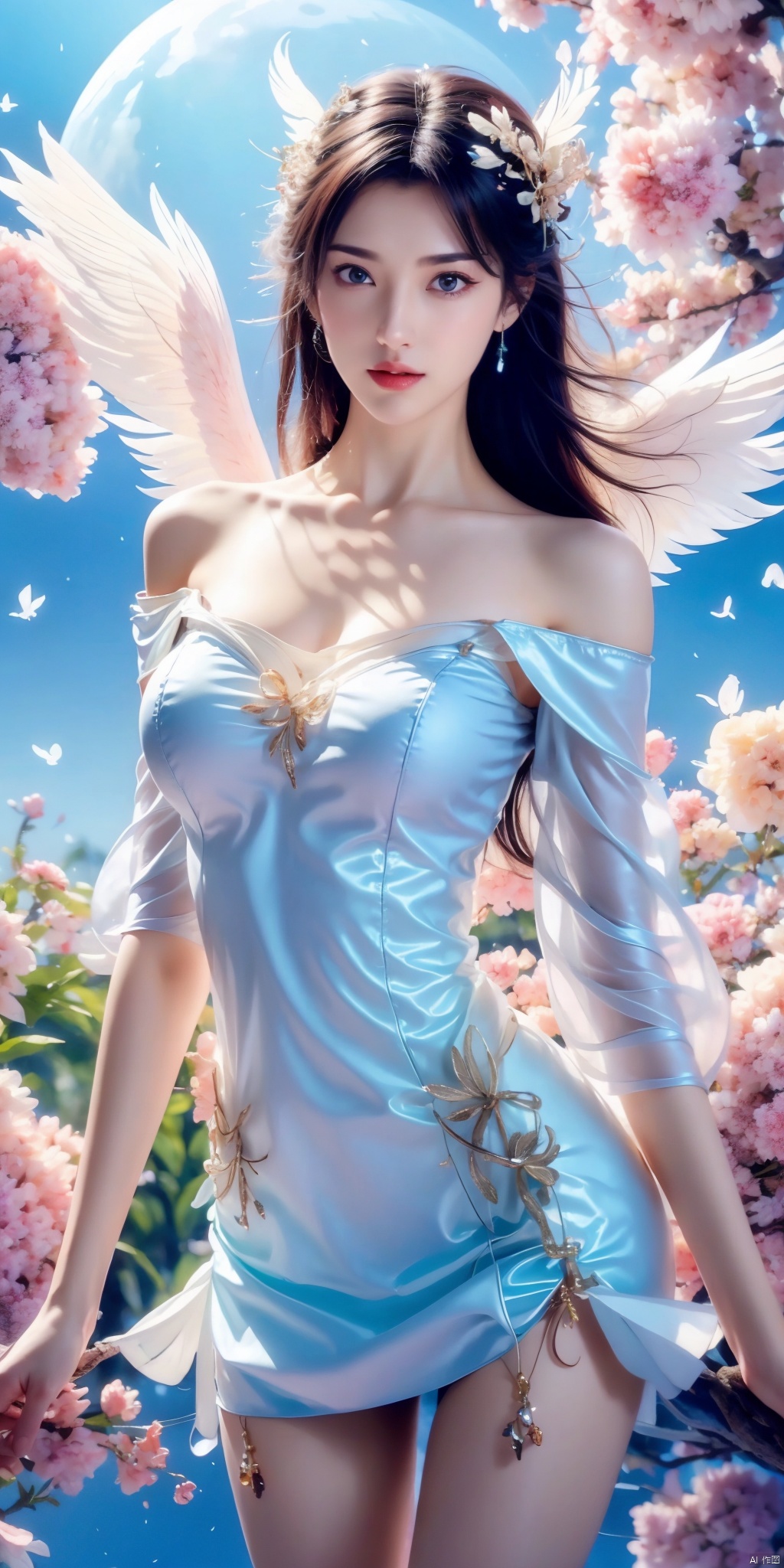 1girl, feathers, dove, bird, feather_hair_ornament, solo, white_feathers, hair_ornament, cherry_blossoms, jewelry, dress, head_wings, breasts, moon, feathered_wings, long_hair, white_wings, blue_eyes, flower, lips, day, medium_breasts, off_shoulder, bare_shoulders, angel_wings