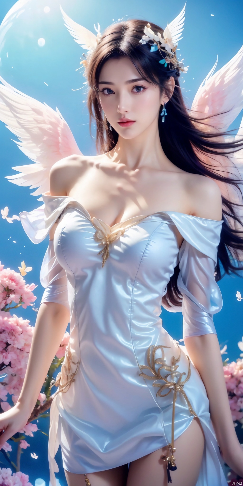 1girl, feathers, dove, bird, feather_hair_ornament, solo, white_feathers, hair_ornament, cherry_blossoms, jewelry, dress, head_wings, breasts, moon, feathered_wings, long_hair, white_wings, blue_eyes, flower, lips, day, medium_breasts, off_shoulder, bare_shoulders, angel_wings