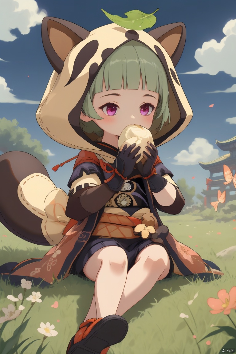 sayu, 1girl, barefoot, tail, sitting, hood, toes, leaf, food, eating, gloves, feet, vision \(genshin impact\), outdoors, solo, bangs, japanese clothes, fingerless gloves, black gloves, animal ears, shoes, blunt bangs, short hair, bug, soles, shoes removed, raccoon tail, butterfly, day, fish, holding, leaf on head, grass, fake tail, sky, animal hood, purple eyes, pink eyes, green hair, cloud, short sleeves, zhongli, sayu