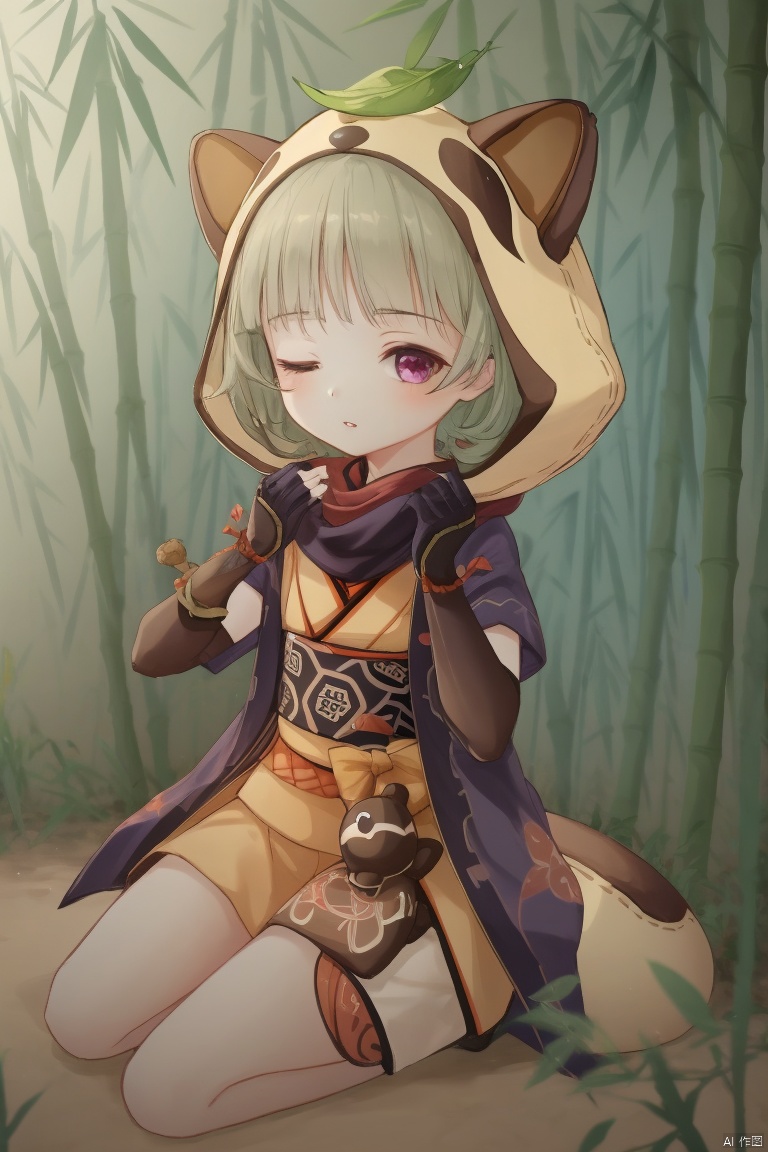 sayu, 1girl, daruma doll, leaf on head, nature, leaf, animal hood, forest, hood, short hair, raccoon ears, animal ears, fingerless gloves, one eye closed, gloves, bangs, sitting, tail, blunt bangs, black gloves, fake tail, solo, looking at viewer, japanese clothes, raccoon tail, fake animal ears, sleepy, bamboo, purple eyes, ninja, short sleeves, sidelocks, scarf, parted lips, outdoors, shuriken
, zhongli, sayu
