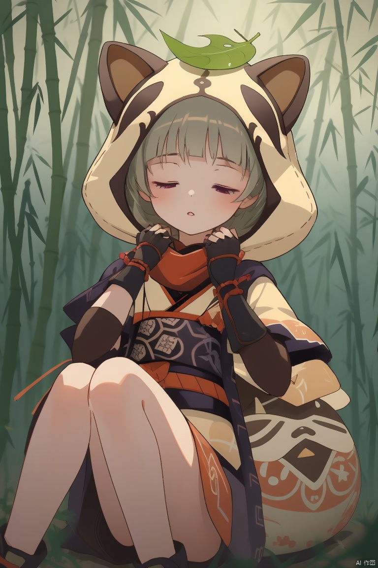 sayu, 1girl, daruma doll, leaf on head, nature, leaf, animal hood, forest, hood, short hair, raccoon ears, animal ears, fingerless gloves, one eye closed, gloves, bangs, sitting, tail, blunt bangs, black gloves, fake tail, solo, looking at viewer, japanese clothes, raccoon tail, fake animal ears, sleepy, bamboo, purple eyes, ninja, short sleeves, sidelocks, scarf, parted lips, outdoors, shuriken
, zhongli, sayu