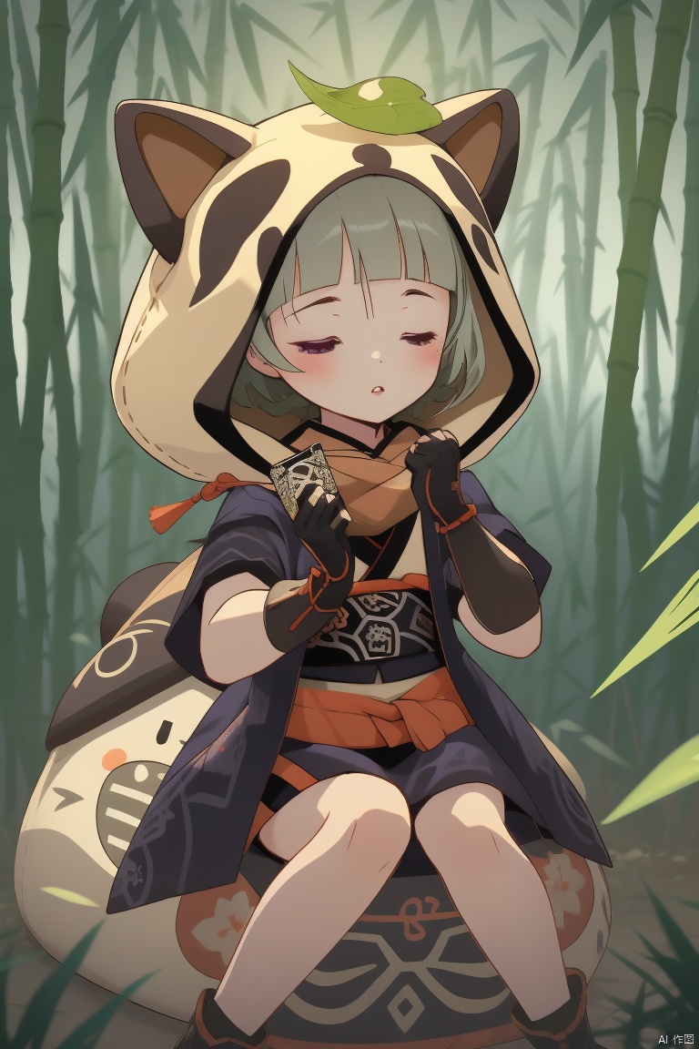 sayu, 1girl, daruma doll, leaf on head, nature, leaf, animal hood, forest, hood, short hair, raccoon ears, animal ears, fingerless gloves, one eye closed, gloves, bangs, sitting, tail, blunt bangs, black gloves, fake tail, solo, looking at viewer, japanese clothes, raccoon tail, fake animal ears, sleepy, bamboo, purple eyes, ninja, short sleeves, sidelocks, scarf, parted lips, outdoors, shuriken
, zhongli, sayu