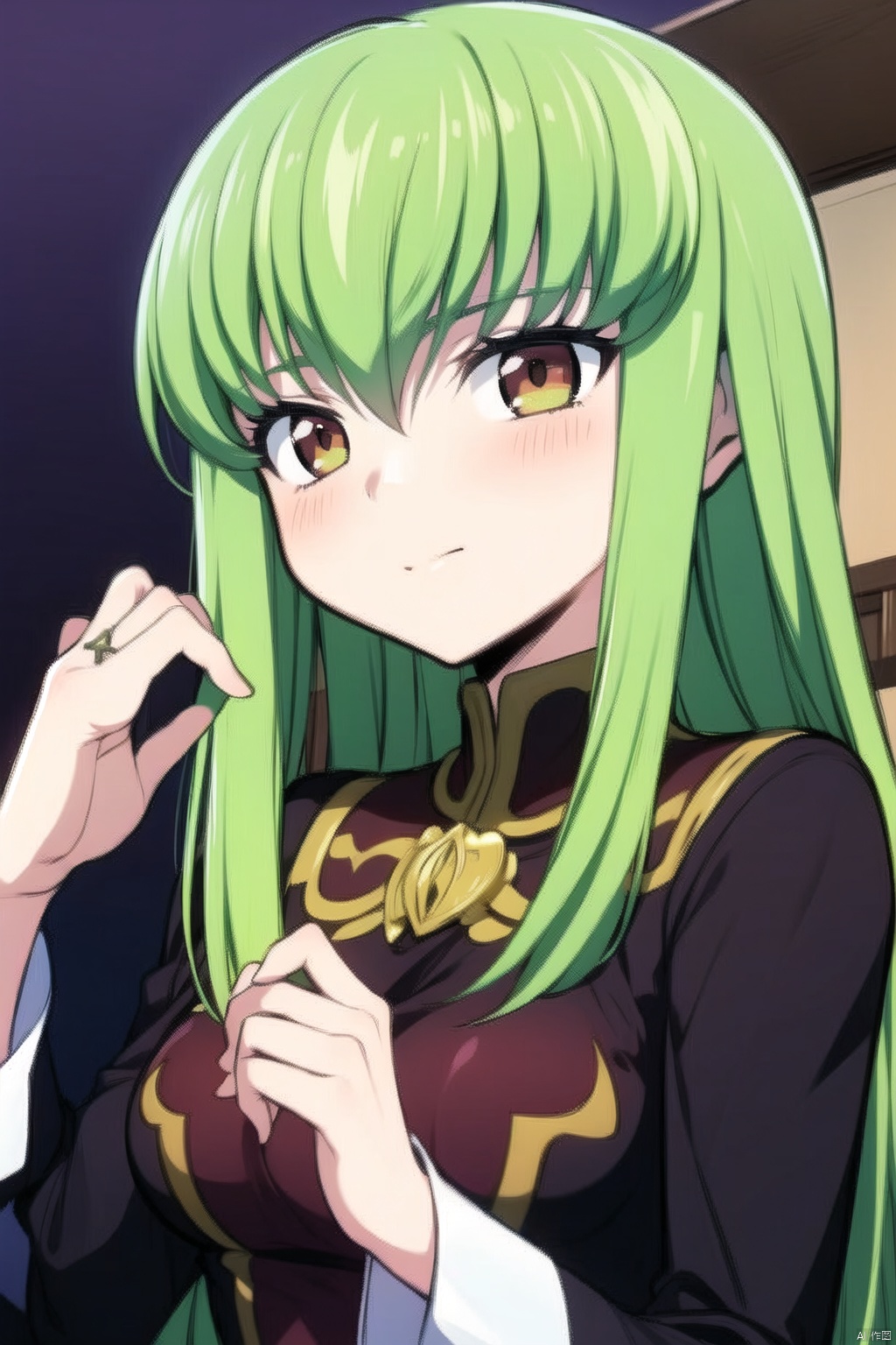  masterpiece, best quality,1girl,c.c.,Green hair,Upper body, focus,