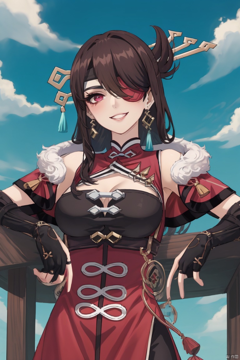 beidou, 1girl, beidou \(genshin impact\), eyepatch, solo, breasts, long hair, gloves, red eyes, smile, hair ornament, brown hair, fingerless gloves, cleavage, looking at viewer, hairpin, black gloves, red dress, one eye covered, fur trim, dress, red capelet, grin, clothing cutout, hair stick, capelet, cleavage cutout, hair over one eye, sky, earrings, bare shoulders, jewelry, large breasts, elbow gloves, bangs
