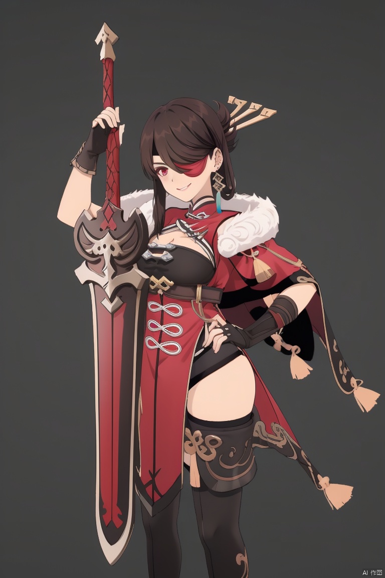 beidou, 1girl, beidou \(genshin impact\), solo, breasts, weapon, eyepatch, thighhighs, sword, holding weapon, gloves, long hair, red eyes, white background, holding sword, holding, fingerless gloves, hair ornament, high heels, smile, hair stick, simple background, cleavage, hand on hip, boots, full body, brown hair, hairpin, greatsword, thigh boots, pelvic curtain, black gloves, earrings, large breasts, one eye covered, hair over one eye, looking at viewer, jewelry, black thighhighs, dress, red capelet, fur trim