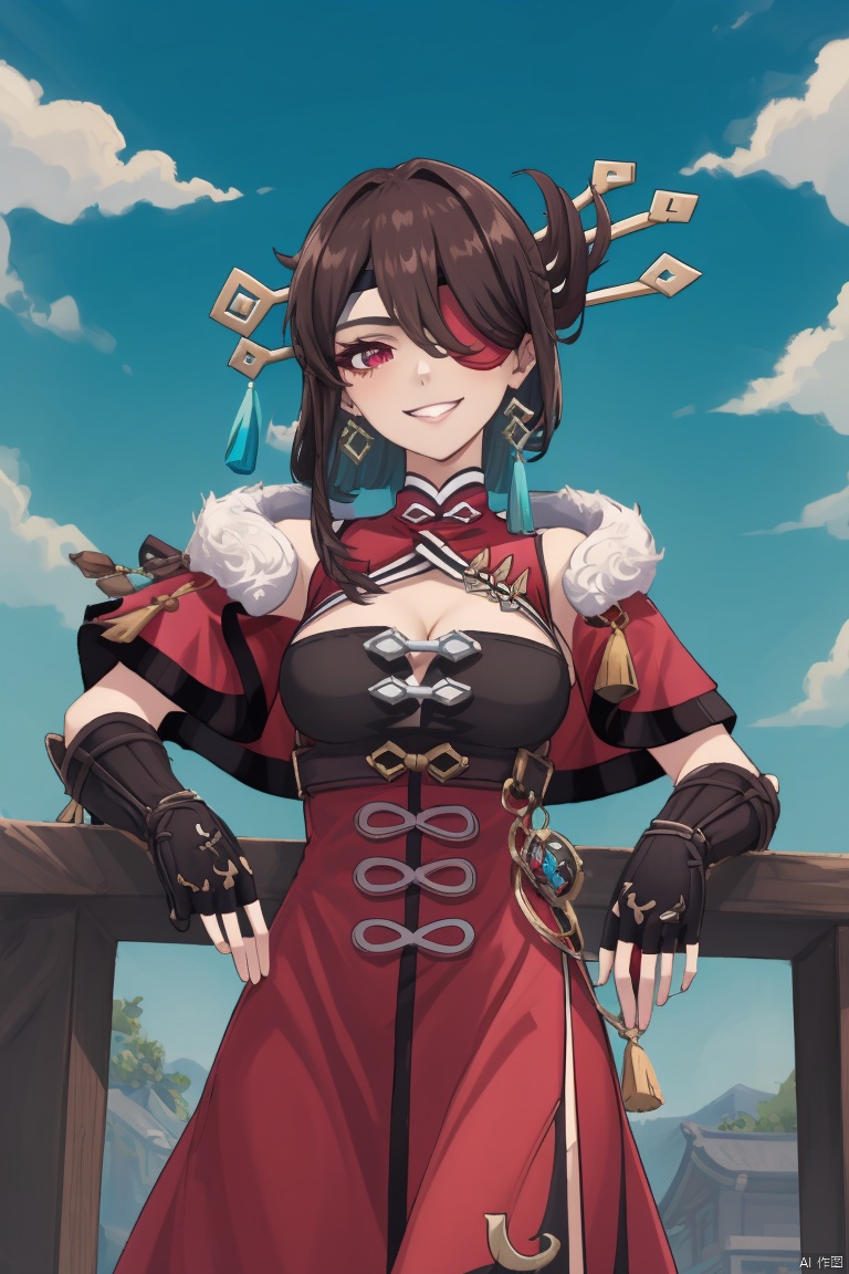 beidou, 1girl, beidou \(genshin impact\), eyepatch, solo, breasts, long hair, gloves, red eyes, smile, hair ornament, brown hair, fingerless gloves, cleavage, looking at viewer, hairpin, black gloves, red dress, one eye covered, fur trim, dress, red capelet, grin, clothing cutout, hair stick, capelet, cleavage cutout, hair over one eye, sky, earrings, bare shoulders, jewelry, large breasts, elbow gloves, bangs