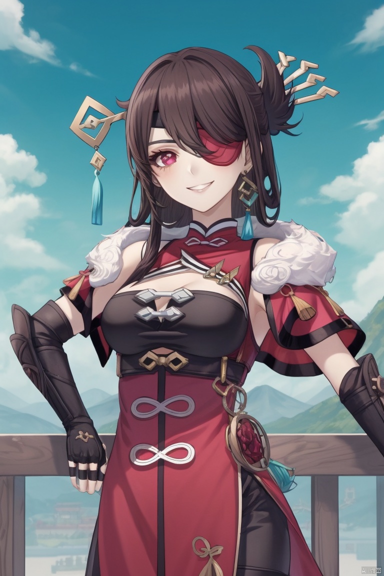 beidou, 1girl, beidou \(genshin impact\), eyepatch, solo, breasts, long hair, gloves, red eyes, smile, hair ornament, brown hair, fingerless gloves, cleavage, looking at viewer, hairpin, black gloves, red dress, one eye covered, fur trim, dress, red capelet, grin, clothing cutout, hair stick, capelet, cleavage cutout, hair over one eye, sky, earrings, bare shoulders, jewelry, large breasts, elbow gloves, bangs